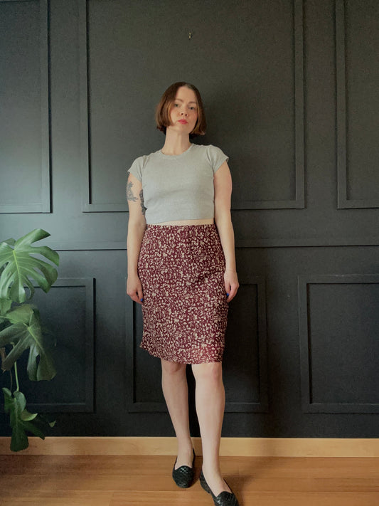 Y2K Burgundy Floral Midi Skirt