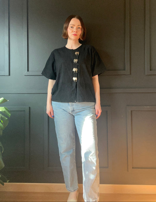 Vintage Short Sleeve Black Blouse with Elephant Detail